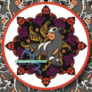 May include: A black and gray cartoon dog with red accents stands on a black and gold mandala background. The mandala has purple, red, and yellow accents.