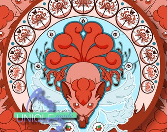 Fire Type Jugendstil Inspirierter „Feuer Fuchs“ Mon Circle Sticker