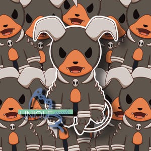 Puede incluir: Una pegatina con una criatura de dibujos animados con forma de perro, con cuerpo negro, hocico naranja y cuernos blancos. La criatura tiene una expresión severa y está rodeada de imágenes similares. El texto "UNIQUE made" es visible.