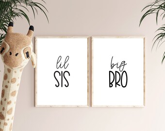 Big Bro Little Sis, Arte de la habitación de los niños, Decoración de la habitación de los niños, Arte de la habitación compartida, Hermano mayor, Hermanita, Minimalista, Blanco y negro, Arte de los hermanos