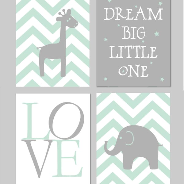 50% Off Sale Mint and Grey Nursery Elephant Nursery Dream Big Little One Baby Boy Nursery Mint Nursery Art INSTANT DOWNLOAD 8"x10"