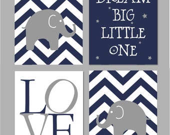 Navy Grey Baby Boy Elephant Nursery, Dream Big Little One, Boy Nursery Art, Chevron Nursery, Nursery Printable, Elephant Nursery Wall Art,