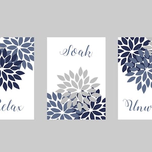Blue Bathroom Wall Decor, Relax Soak Unwind Grey Bathroom Art Prints Flowers Leaves Neutral Bathroom Decor INSTANT DOWNLOAD 5&quot;x7&quot; set of 3