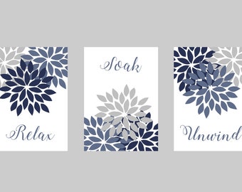 Blue Bathroom Wall Decor, Relax Soak Unwind Grey Bathroom Art Prints Flowers Leaves Neutral Bathroom Decor INSTANT DOWNLOAD 5"x7" set of 3