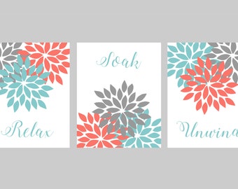 Teal Coral Gray Bathroom Wall Art, Bathroom Wall Decor, Relax Soak Unwind Pictures, Turquoise Grey Flower, INSTANT DOWNLOAD 8"x10" set of 3