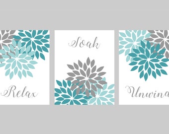 Teal Gray Bathroom Wall Art, Bathroom Wall Decor, Relax Soak Unwind Pictures, Turquoise Grey Flower, INSTANT DOWNLOAD 8"x10" set of 3