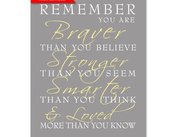 Printable Nursery Art Yellow and Grey Winnie The Pooh Quote Always Remember You Are Braver Instant Download Baby Shower Gift  - 8"x10" Print