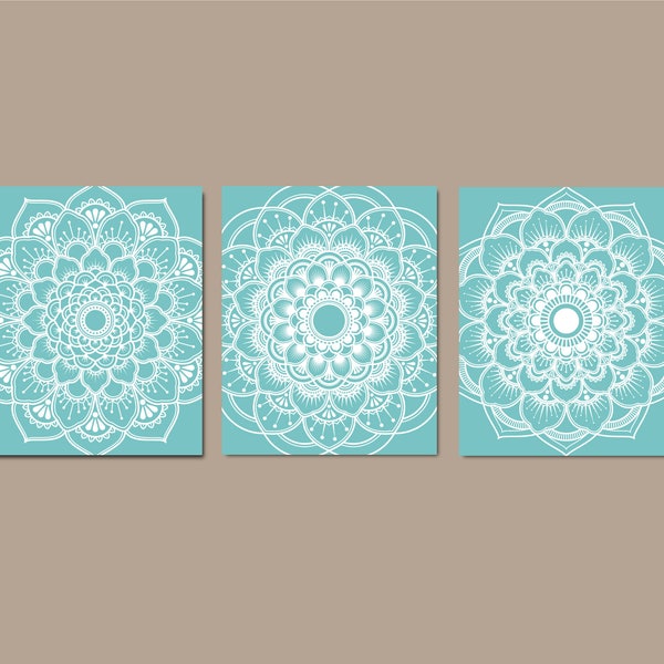 Aqua Wall Art, Mandala Bedroom, Bathroom Decor, Flower Bedroom Pictures, Medallion Wall Art, Bathroom Wall Art, Printable Art - Set of 3