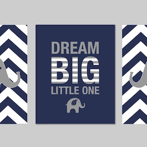 Elephant Nursery, Boy Elephant Nursery, Dream Big Little One, Baby Boy Nursery Art, Navy and Grey Nursery INSTANT DOWNLOAD 8&quot;x10&quot; set of 3