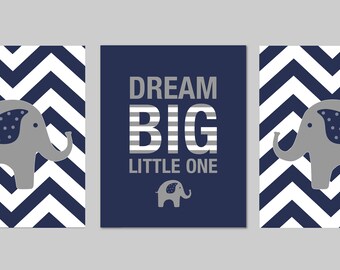 Elephant Nursery, Boy Elephant Nursery, Dream Big Little One, Baby Boy Nursery Art, Navy and Grey Nursery INSTANT DOWNLOAD 8"x10" set of 3