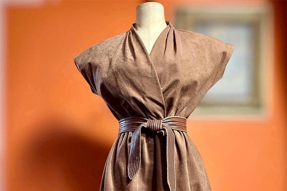 Vintage Brown Velvet Cotton Wrap Dress | Elegant Midi Dress with Obi Belt | Minimalist Fashion Cottagecore Boho Chic | Midi Dress w/Pockets