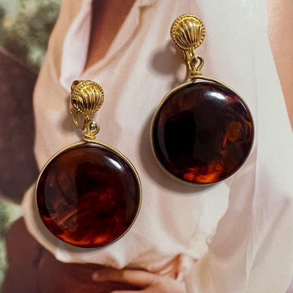 Vintage Faux Tortoiseshell Dangle Clip-on 70s Bohemian Artisan Style Earrings