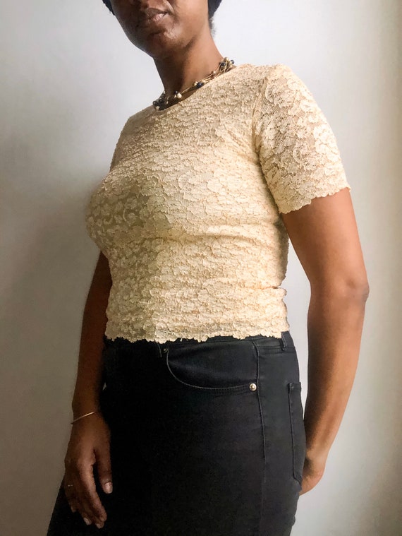 Vintage 90s Champagne Floral Print Lace Top - image 3