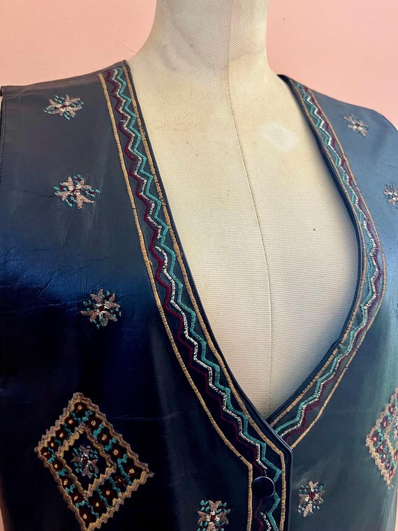 Vintage Black Leather Vest with Embroidered Accents 80s 90s Festival Hippie Boho Western Style