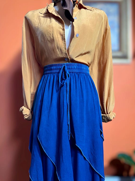 Vintage Denim Skirt Prairie Style Tiered Denim Skirt, Free Size Boho Maxi Skirt, 80s Western Cottagecore Fashion