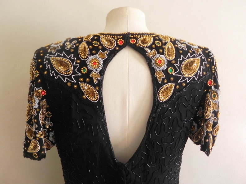 Vintage Womens Beaded Cocktail Dress 80s Designer Black Formal Evening Dress Womens Vintage Party Mother of the Bride Dress