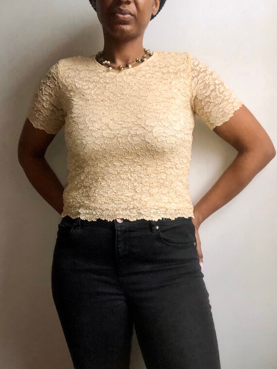 Vintage 90s Champagne Floral Print Lace Top