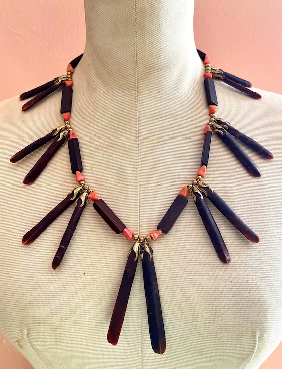 Vintage Wooden Necklace 70s Style Statement Collar