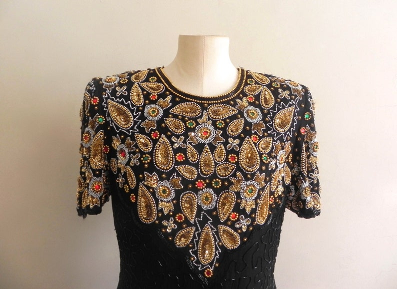 Vintage Womens Beaded Cocktail Dress 80s Designer Black Formal Evening Dress Womens Vintage Party Mother of the Bride Dress