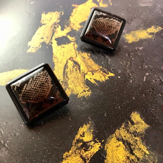 Vintage Resin Black Earrings 80s Clip On Earrings