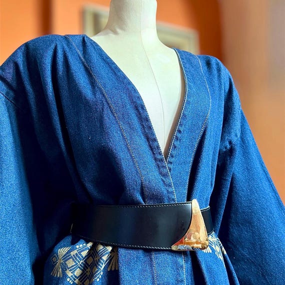Vintage Denim Kimono Jacket with Geometric Print Pockets | Oversized Boho Indigo Coat | Unisex Festival Layering Piece | Art Print Statement