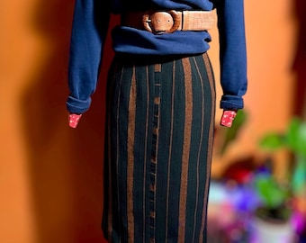 Vintage Stripe Pencil Skirt 80s 90s High Waist Woven Tailored Midi