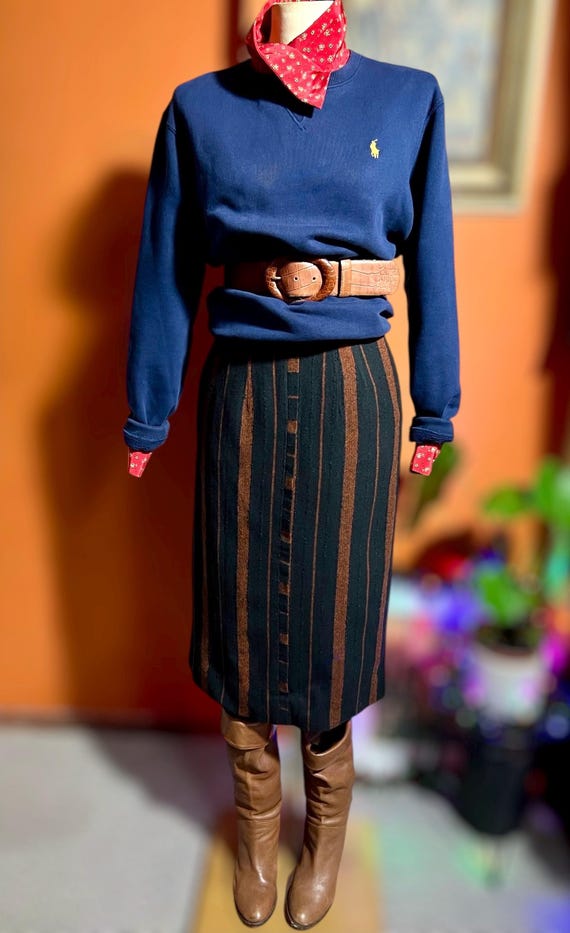 Vintage Wool Blend Midi Skirt – Brown and Black Vertical Stripe Pencil Skirt, Classic 80s High-Waisted Style