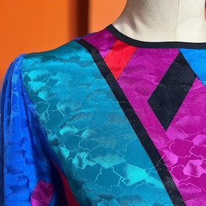 Vintage 80s Color Block Satin Blouse: Geometric Print Pullover Top