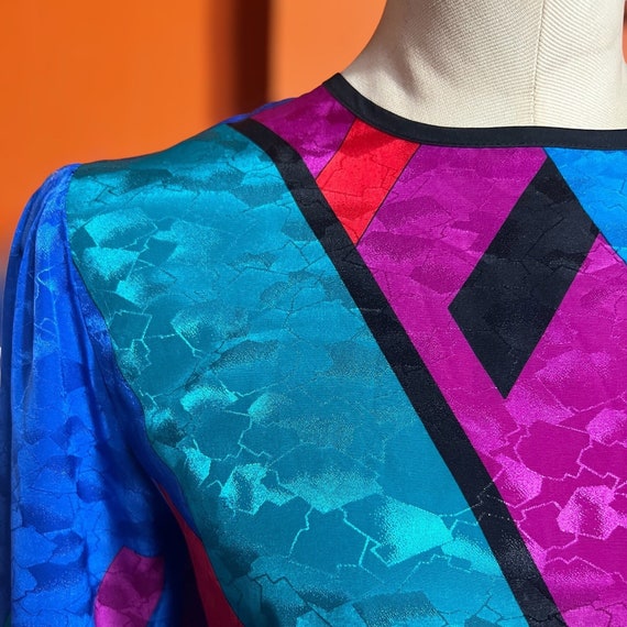 Vintage Pullover Silky Color Block Blouse 80s Geometric Print Satin Statement Top by Sunny South