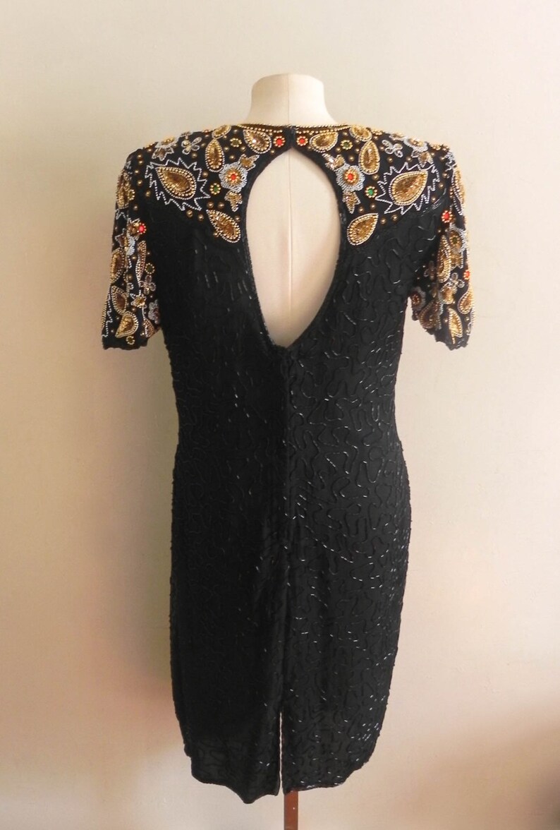 Vintage Womens Beaded Cocktail Dress 80s Designer Black Formal Evening Dress Womens Vintage Party Mother of the Bride Dress