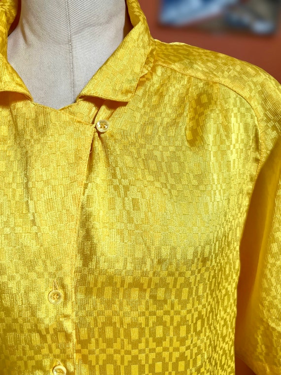 Vintage Yellow Short Sleeve Blouse 80s Yellow Oversized Shiny Button Down Padded Shoulder Shirt by ARGENTI BLOUSES