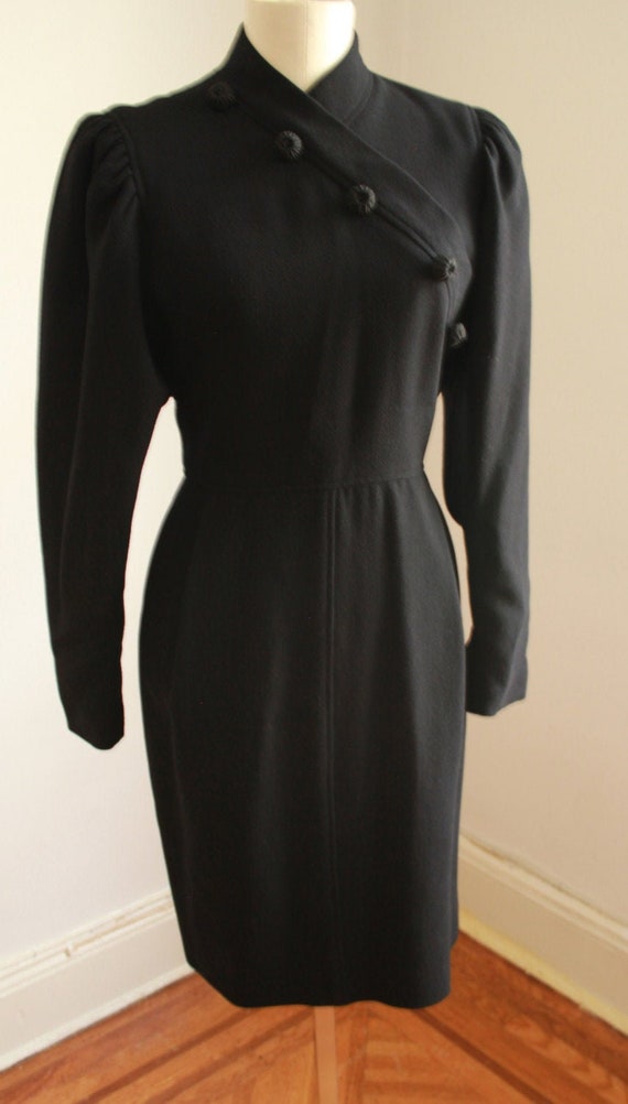 Vintage Women's Oscar de la Renta Calvary Style Black Midi Dress 80s Designer Boutique Dress Size 10