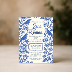 Blue Chinoiserie Bridal Shower Invitation, Printable Floral Bird Invite, Elegant Vintage Wedding Shower Template