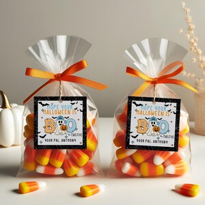 May include: Two clear cellophane bags filled with candy corn, tied with orange ribbons. Each bag has a tag that reads "Hope Your Halloween Is BOO-tastic" with a ghost and pumpkin graphic. The text "Your Pal, Anthony" is also on the tag.