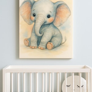 Aquarell Baby Elefant Kinderzimmer Wand Kunst | Safari Dschungel Tier Druck | Neutrales Babyzimmer Dekor | Leinwanddruck in 4 Größen