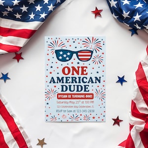 American Dude 1st Birthday Invitation: Red, White, and Blue (Canva PNG File)