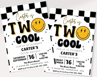 Dos invitaciones geniales para el segundo cumpleaños / Plantilla editable de Canva / Invitación de cumpleaños con cuadros retro / Segundo cumpleaños de niño / Dos invitaciones geniales para el segundo cumpleaños