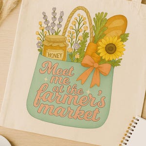 Sac fourre-tout Meet Me at the Farmer's Market PNG, vintage, illustration de produits et de fleurs, marché de producteurs