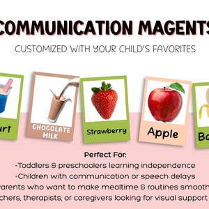 Puede incluir: Imagen de tarjetas de comunicación con alimentos: yogur, leche con chocolate, fresa, manzana y plátano. El texto "COMMUNICATION MAGENTS" y "CUSTOMIZED WITH YOUR CHILD'S FAVORITES" está en la parte superior. Las tarjetas están etiquetadas con los nombres de los alimentos.