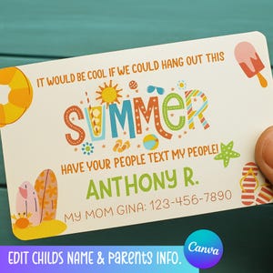 Bearbeitbare Sommer Kontaktkarte Canva Vorlage | Kinder Playdate Karte | Helle druckbare Mom Karte | Sofort Download