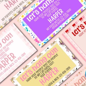 May include: A selection of personalised cards with the text "Let's hang out!" in various colours, including pink, purple, and yellow. Each card features a unique decorative border and contact information, such as a phone number and email address.