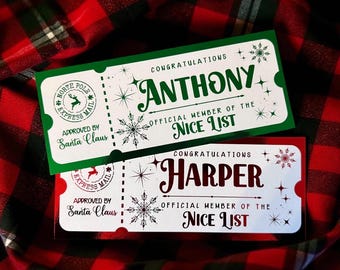 May include: Two rectangular Christmas-themed tickets. One is green with "Anthony" and the text "Official Member of the Nice List." The other is red with "Harper" and the same text. Both have "North Pole Express Mail" stamps and snowflake designs.