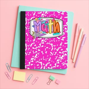 May include: A composition notebook with a bright pink and white marbled cover featuring a central graphic label that says Math and Olivia Leigh. The notebook is layered over a light blue folder, accompanied by three pens and several paper clips.