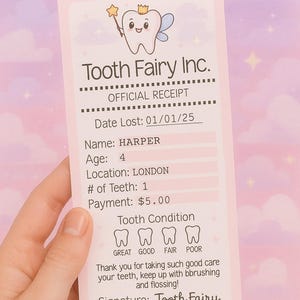 Reçu modifiable de fée des dents, modèle Canva, certificat de dent perdue, imprimable magique, note numérique de fée des dents pour les enfants