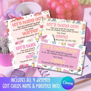 Cartões de contato editáveis para encontros de brincadeiras | Cartões de encontros de verão para crianças | Download digital de fim de ano letivo | Personalizados no Canva