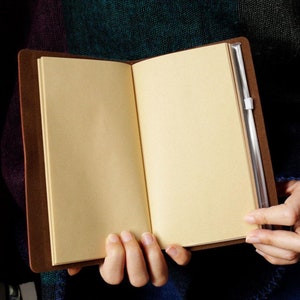 May include: Open brown leather journal with blank, cream-colored pages. A clear plastic pen holder is attached to the spine. The journal is held open by a person's hands.