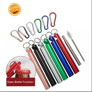 May include: A set of ten multi-colored metal straws with bottle openers and a cleaning brush. Each straw has a carabiner clip attached. The straws are in the following colors: rose gold, black, silver, green, blue, and red.  The text "Open Bottle Function" is visible in the image.