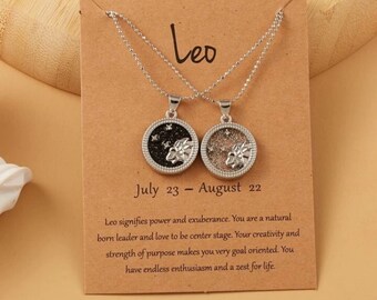 2pcs Leo Zodiac Sign Round Charm Necklaces - Horoscope Necklaces (Silver) ---(SAME DAY SHIPPING (business Day) from U.S.A