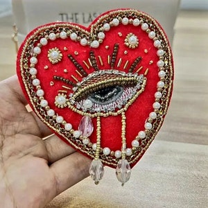 Intricate Beaded Sacred Heart Eye Patch – Handmade Statement Sew On Applique for Jacket, Denim, Bag – Artisan Embroidered Craft Patch