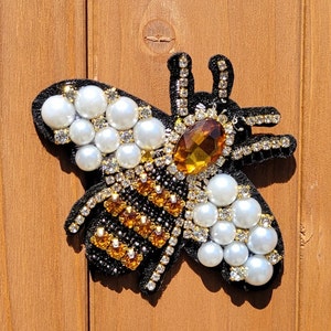 Beautiful Rhinestone and pearl bee patch (sew-on) bling patch